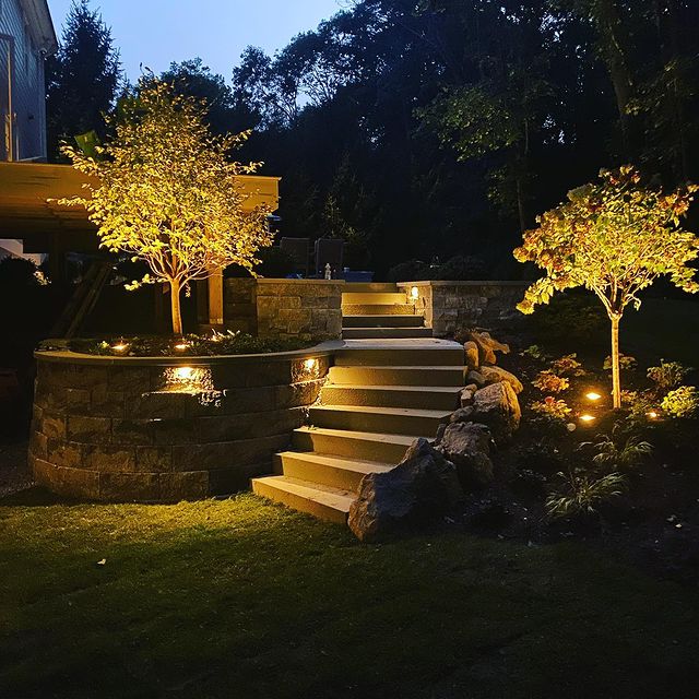Warm lighting highlights garden steps and ornamental trees