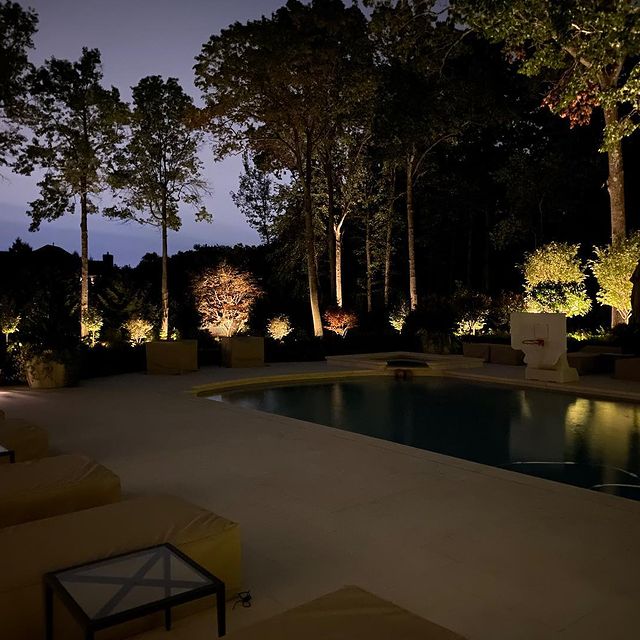 Uplighted trees surround a pool terrace at night