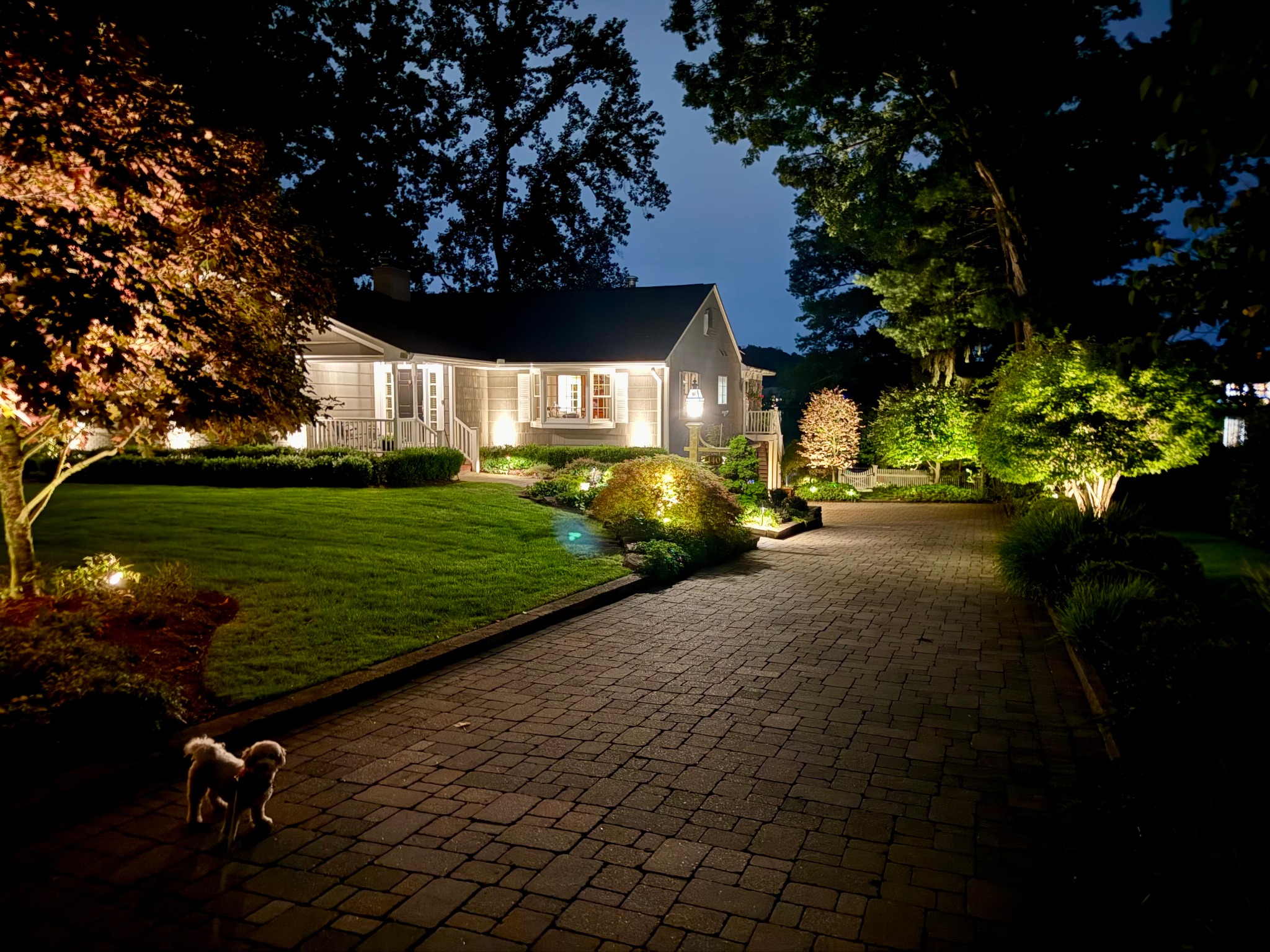 Garden State landscape lighting illuminates a home and driveway