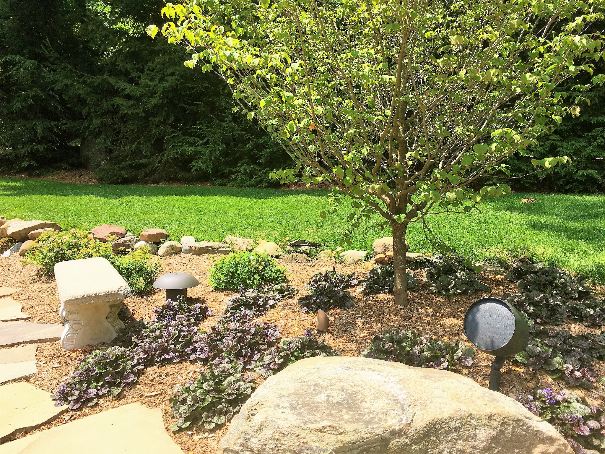 Outdoor speaker positioned among planting beds, trees, and landscape lighting